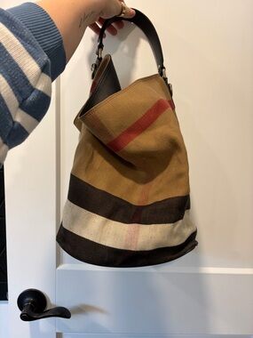 Burberry Canvas Hobo Bag in Tan, Black, Cream with Red Accent